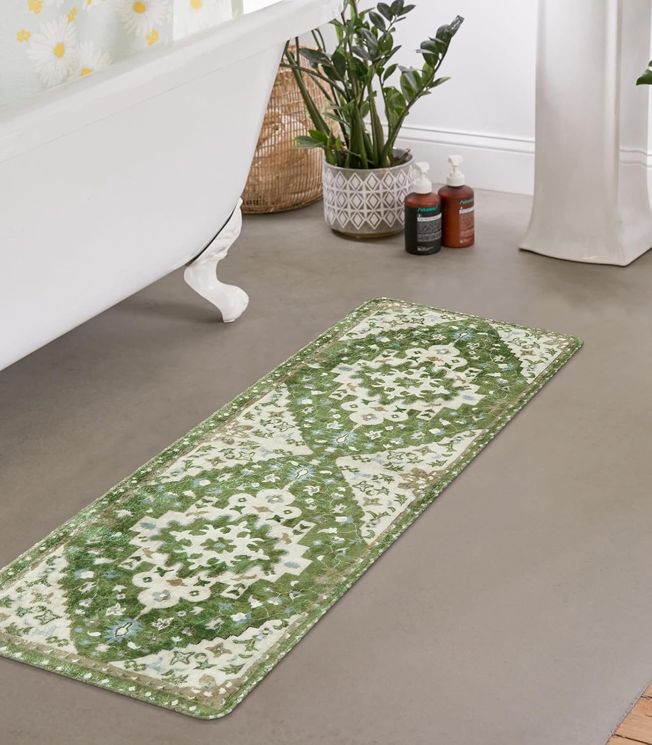 Uphome Boho Retro Bathroom Runner Sage Green Non-Slip Soft Long Bathroom Rugs Runner Oriental Tribal Machine Washable Bath Mat Farmhouse Cute Floral Bath Rug for Sink Tub Kids Room, 18x47 inch