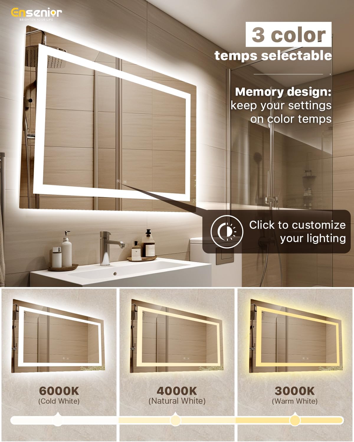 Ensenior LED Bathroom Mirror 60"x 36" with Front and Backlight, Stepless Dimmable Wall Mirrors with Anti-Fog, Shatter-Proof, Memory, 3 Colors, Modern LED Vanity Mirror-ETL & FCC