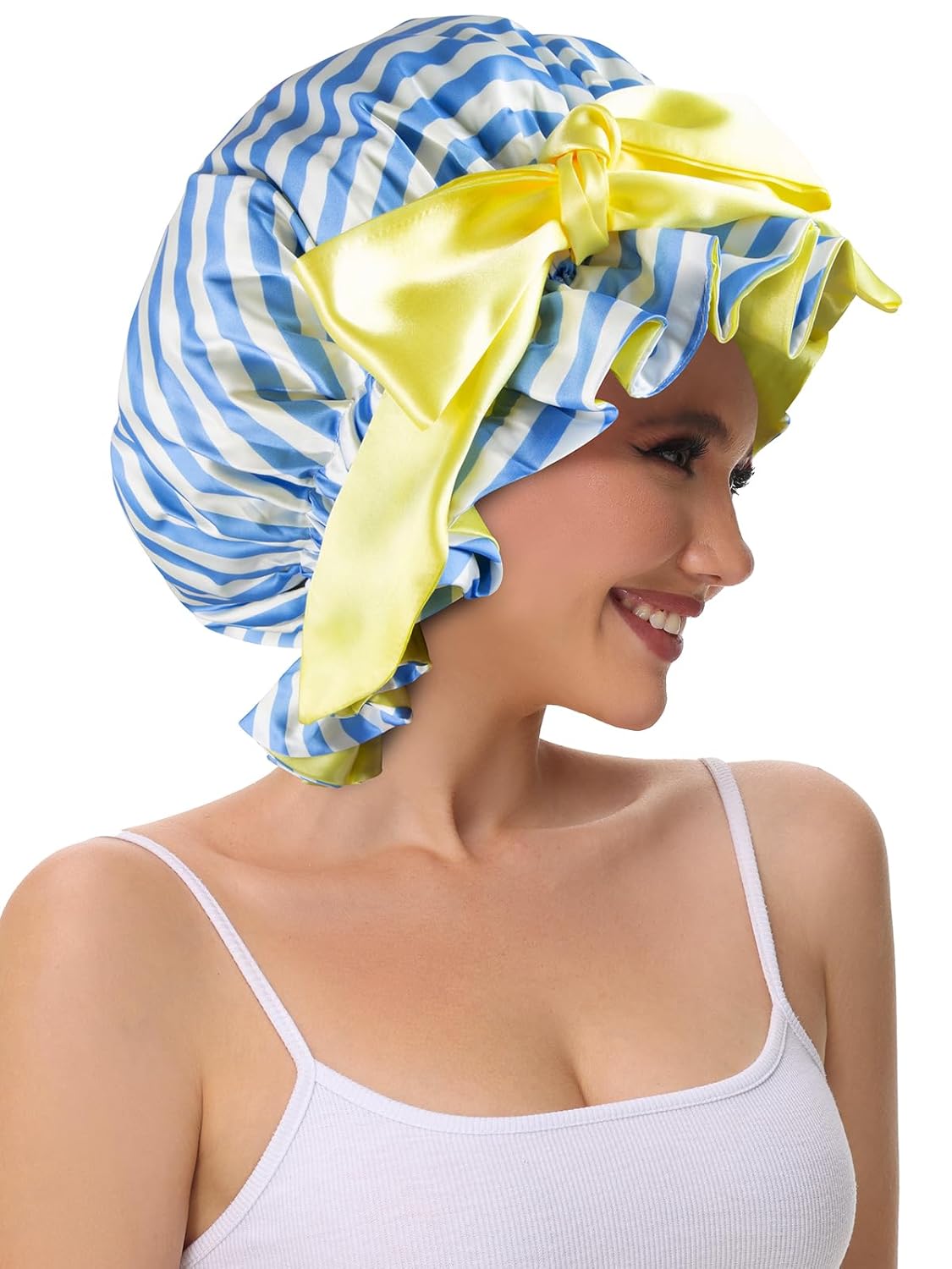 Silk Bonnet, Satin Hair Shower Cap for Sleeping Women 2025 Tie Band Adjustable Straps Head Wrap for Curly Hair Blue Stripe F
