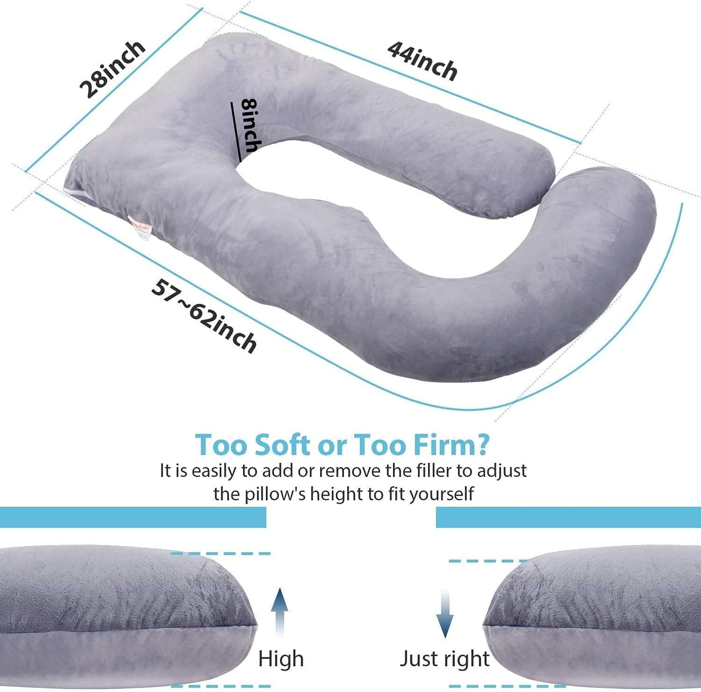 Pregnancy Pillow J-Shaped Full Body Pillow, 59 inch with Velvet Cover Easy to Remove and Wash, Support Pregnant Women's Backs Legs and HIPS, Improve Sleep,Pregnancy Pillow for Women ，Blue Grey