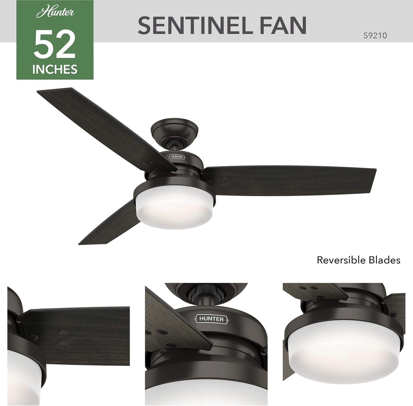 Hunter 52 inch Indoor Ceiling Fan with LED Light and Remote Control - Bronze Ceiling Fan, Standard Mount, 3 Blades, For Bedroom, Living Room, or Kitchen - Sentinel 59210, Premier Bronze