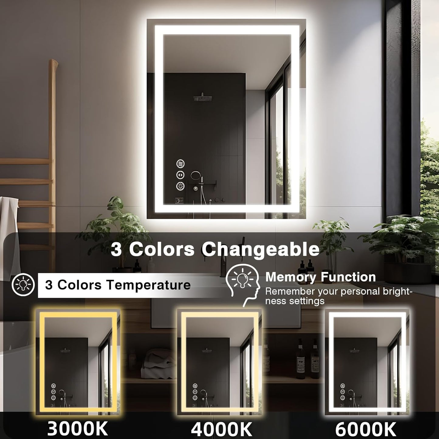 28"x36" LED Bathroom Mirror for Wall, Front and Backlit, Anti-Fog Vanity With Lights, Stepless Dimmable, 3 Colors Smart (Horizontal/Vertical)