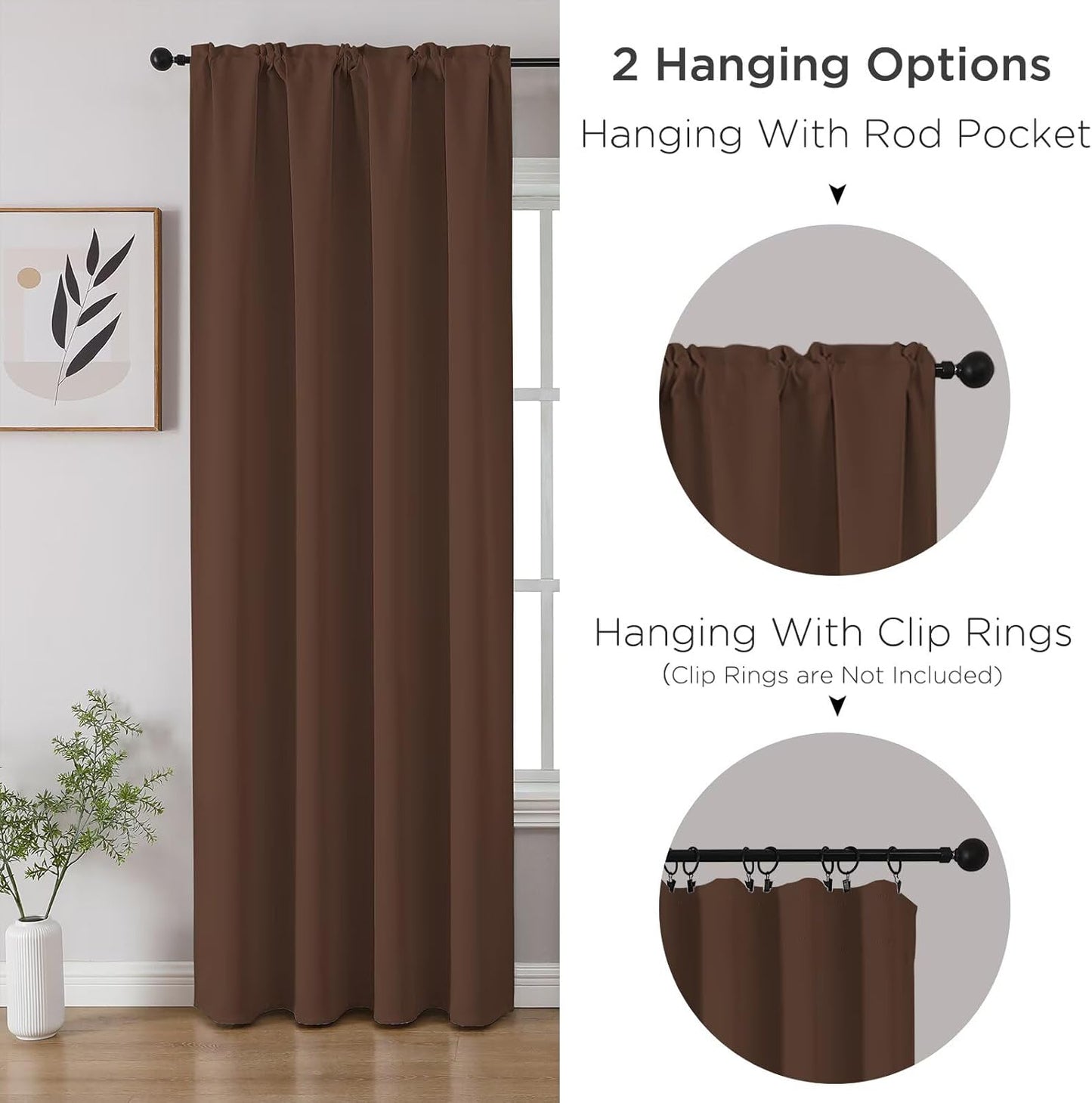 CUCRAF Brown Blackout Curtains 63 inch Length 2 Panels Set, Rod Pocket Room Darkening Drapes for Bedroom Living Room, Insulated Thermal Light Blocking Window Curtain (W52 x L63 Inch)