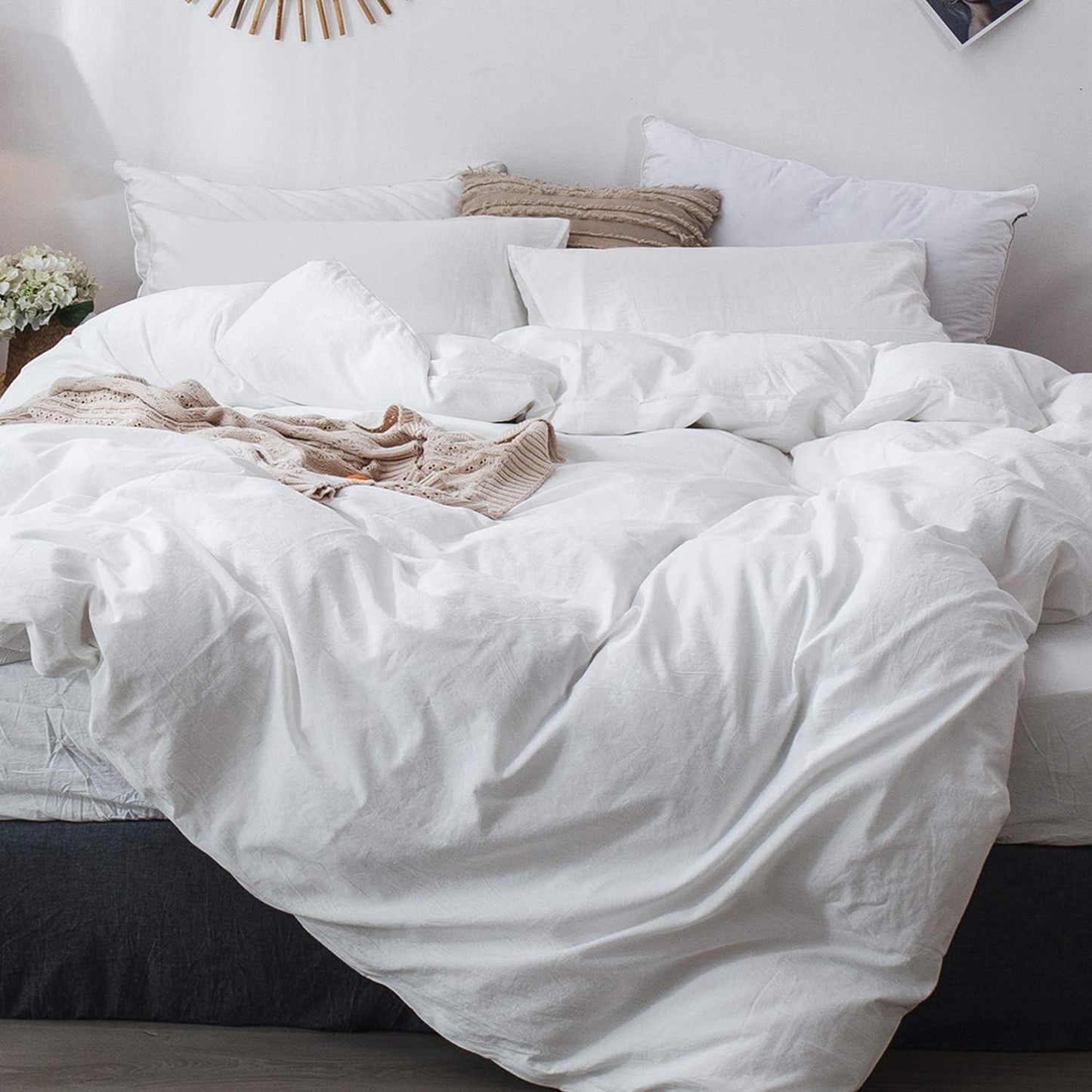 MooMee Bedding Duvet Cover Set 100% Washed Cotton Linen Like Textured Breathable Durable Soft Comfy (Solid Off White, Palatial King/Oversized King 120"x98")