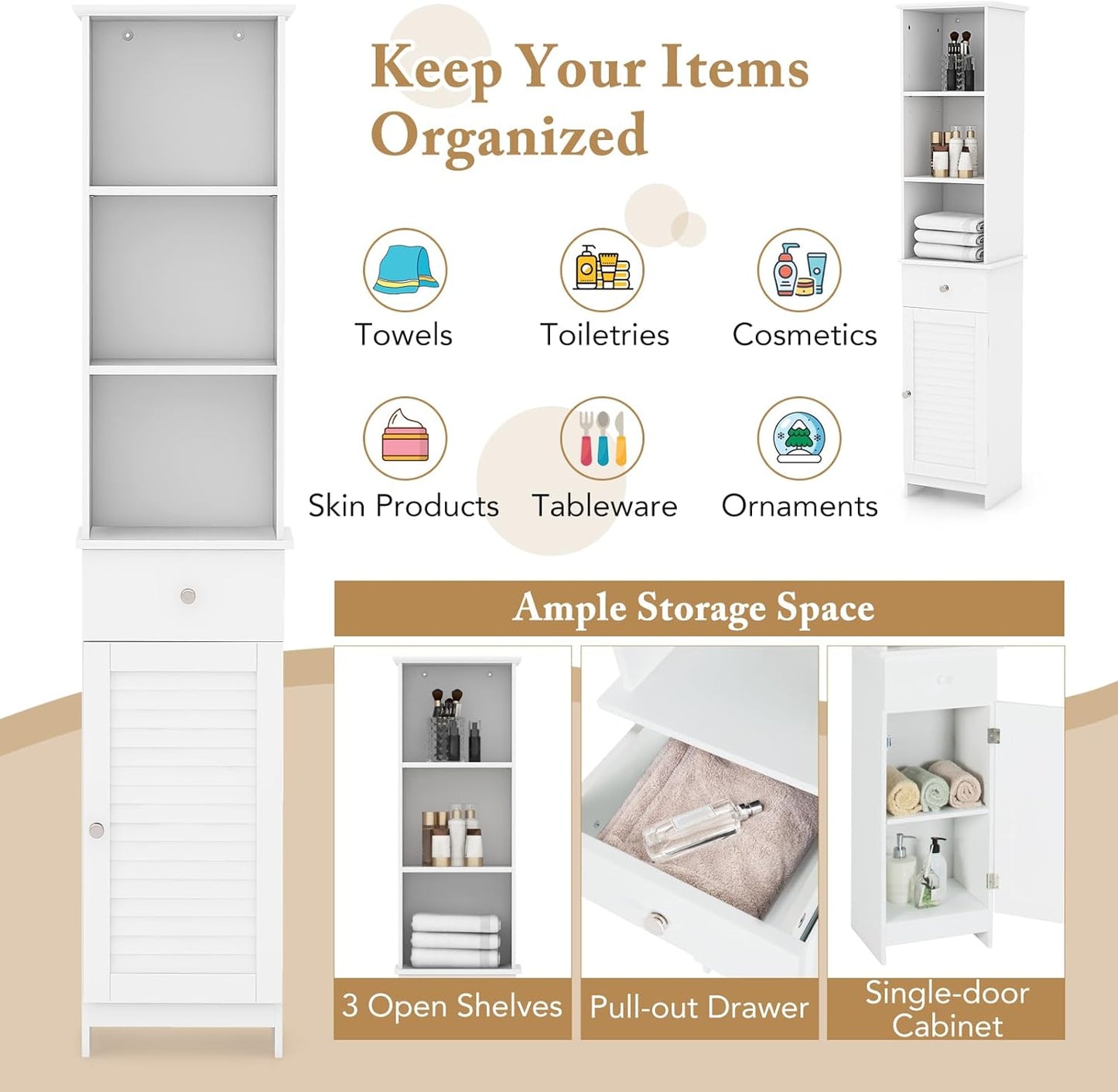 Giantex 64.5” Tall Bathroom Cabinet, Narrow Floor Storage Cabinet with Adjustable Shelves, 1 Door & 1 Drawer, Anti-Toppling Design, Modern Storage Organizer for Bathroom, Living Room, Hallway