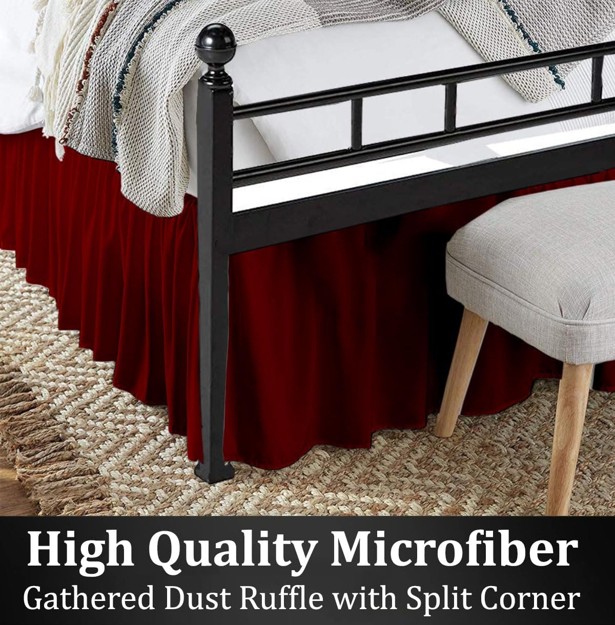 Ruffled Bed Skirt with Split Corners, Burgundy, Full 14 Inch Drop Bedskirt, Hotel Quality Brushed Microfiber Wrinkle Free Dust Ruffle Bed Skirt Full Size