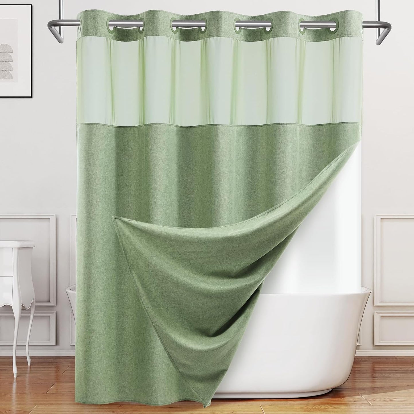 No Hook Shower Curtain with Snap in Liner, Polyester Textured Shower Curtain with Liner Set, Waterproof Washable Hotel Style Shower Curtains for Bathroom, 71Wx74H, Sage Green