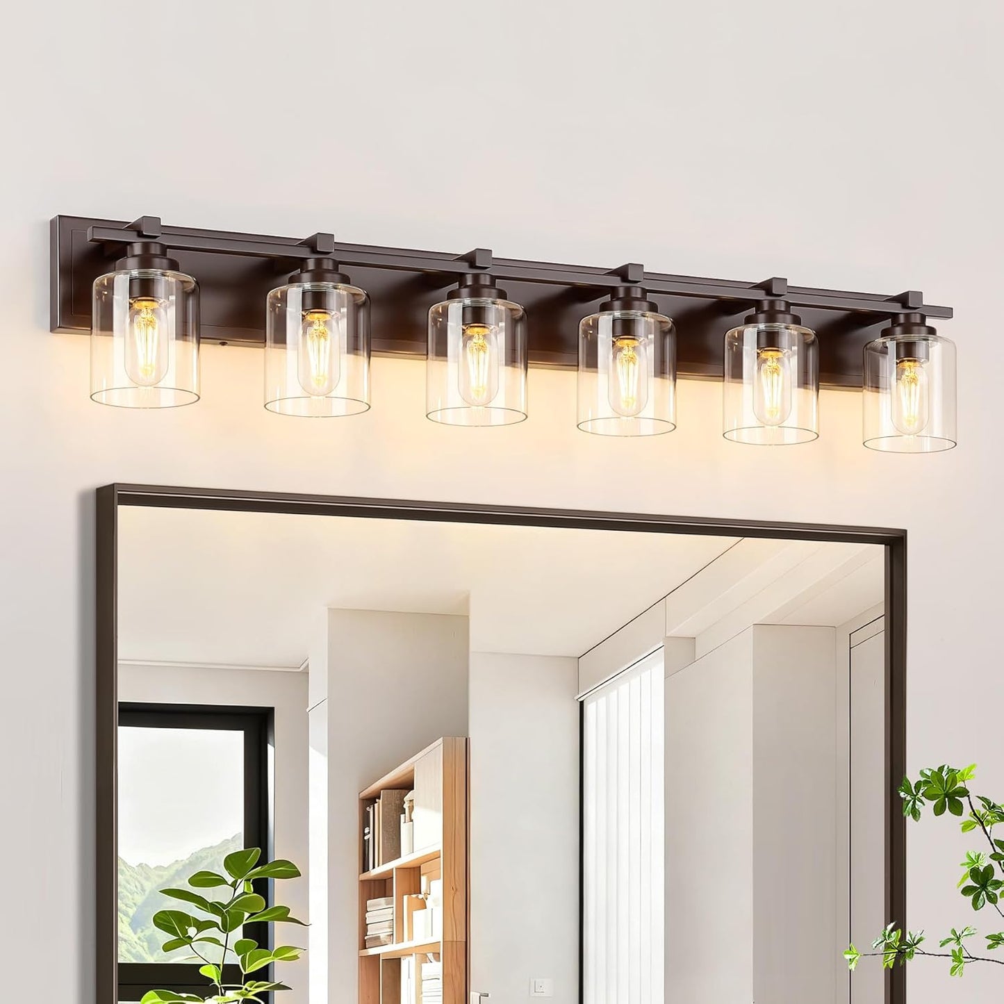 6 Light Modern Bathroom Light Fixtures Over Mirror, Bronze Finish Vanity Lights for Bathroom Wall Sconces with Clear Glass Shades, E26 Socket (Bulbs Not Included)