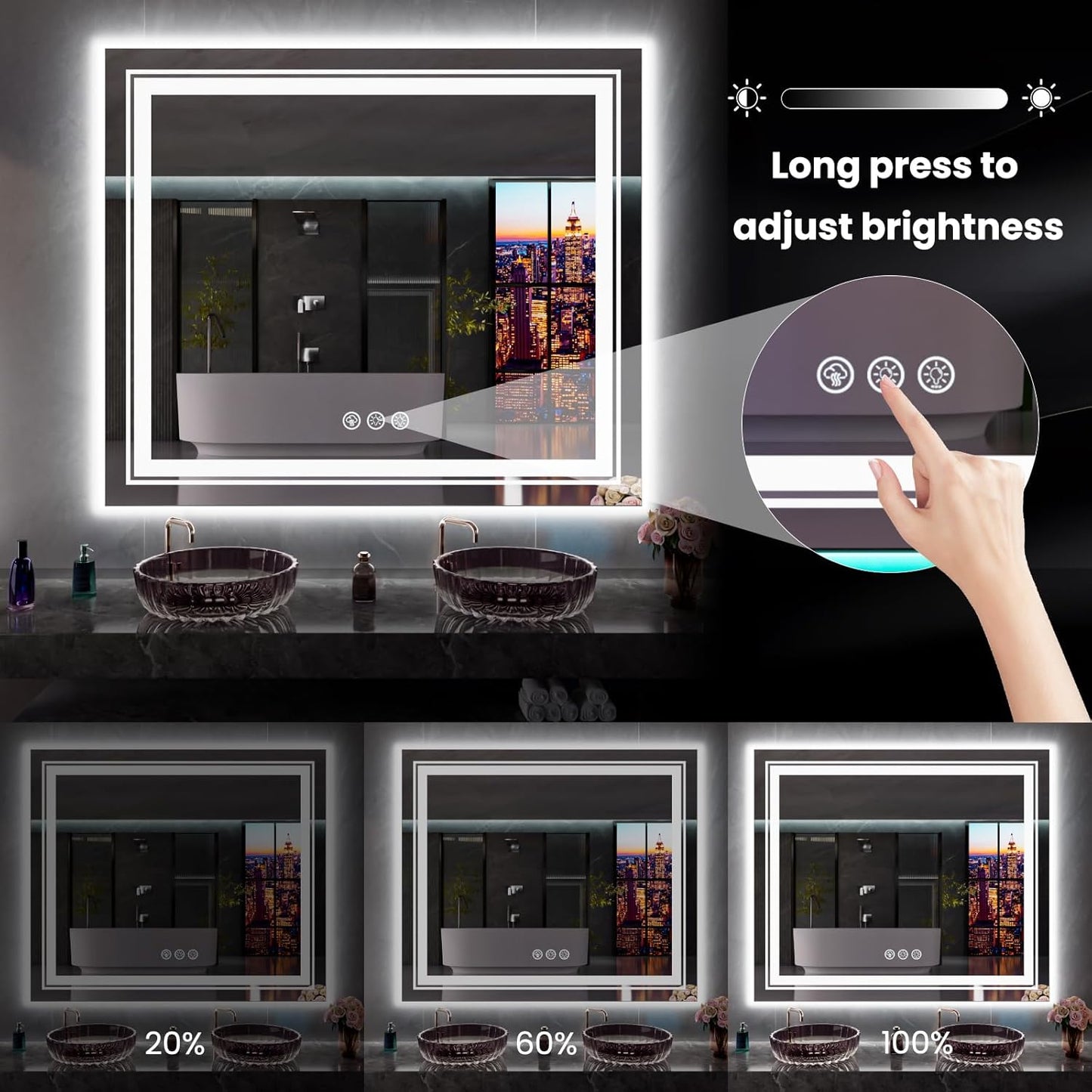 LED Mirror for Bathroom, 60"X30" with 8 RGB Backlit +3 Front Lit (Adjustable Individually), Anti-Fog, Large Lighted Bathroom Vanity Mirror for Wall,Shatterproof,Memory Function,Tempered Glass