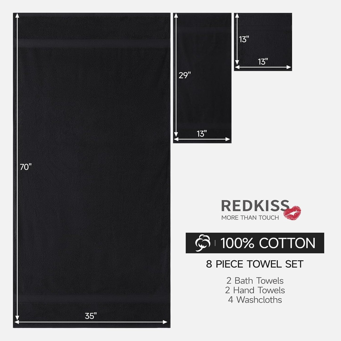 REDKISS Luxury 100% Cotton 8 Piece Bath Towel Sets, 2 Bath Sheets (35x70 in), 2 Hand, 4 Washcloths, Super Absorbent & Quick-Dry Shower Towel for Bathroom Spa Gym Hotel Yoga - Black