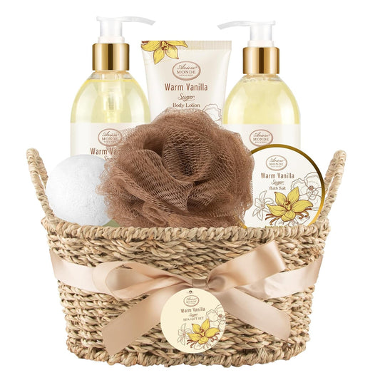 Bath and Body Warm Vanilla Sugar Spa Gifts for Women, with Shower Gel, Bubble Bath, Body Lotion, Bath Bomb, Bath Salt, Spa Basket Gift Set for Women, 7pcs Set Gifts