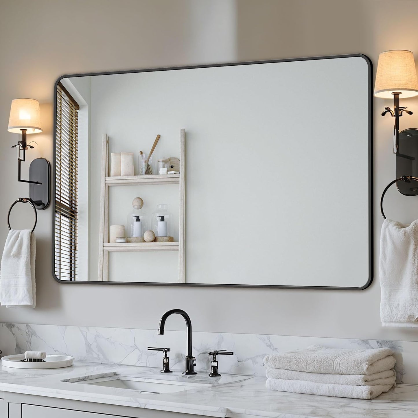 Antok Bathroom Mirror,60"x30" Wall Mirror, Decorative Mirrors Vanity Mirror Aluminum Alloy Frame Contemporary Hanging Mirror for Living Room Bathroom Entryway,Black,Round Corner