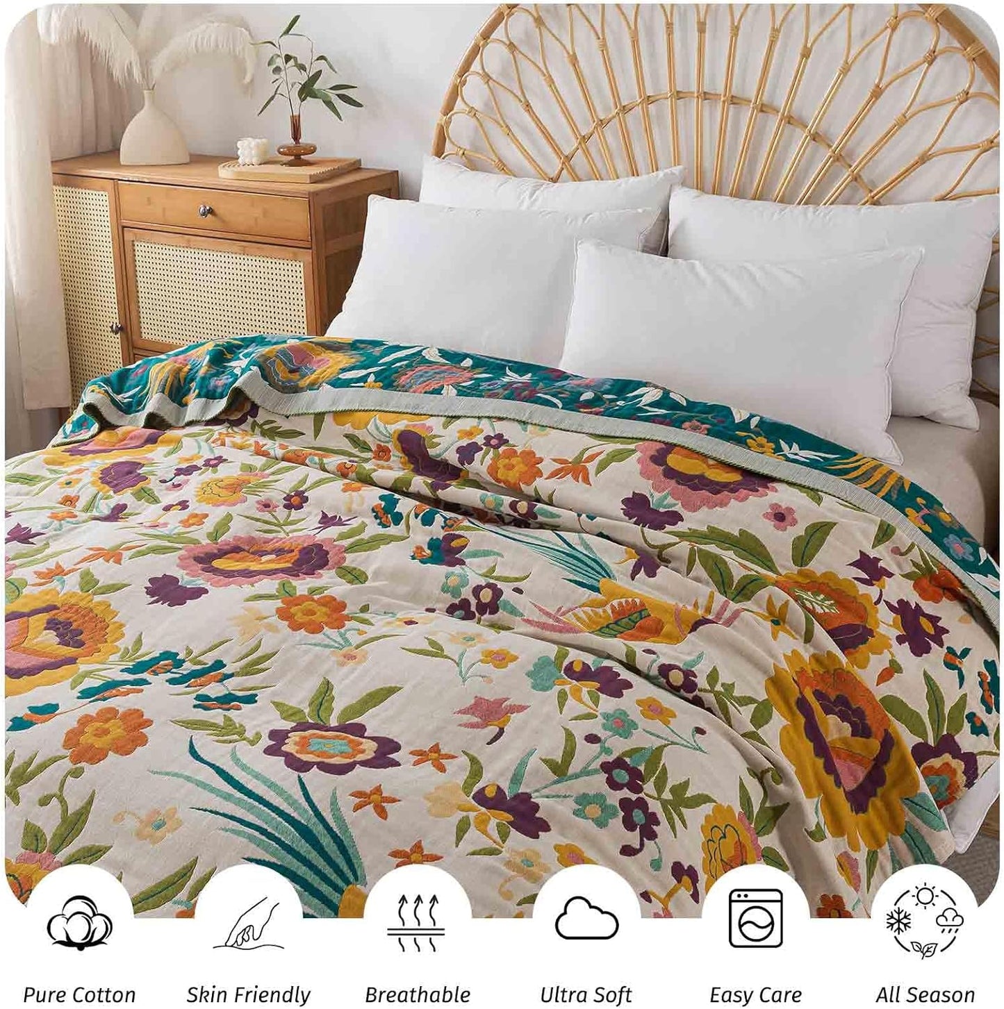 Qidordour Boho Throw Blanket, 80"x90" Muslin Blankets, 100% Organic Cotton Blanket for Couch Sofa, Lightweight Quilt, All Season Bed Throw, Farmhouse Home Decor, C-Phoenix Floral
