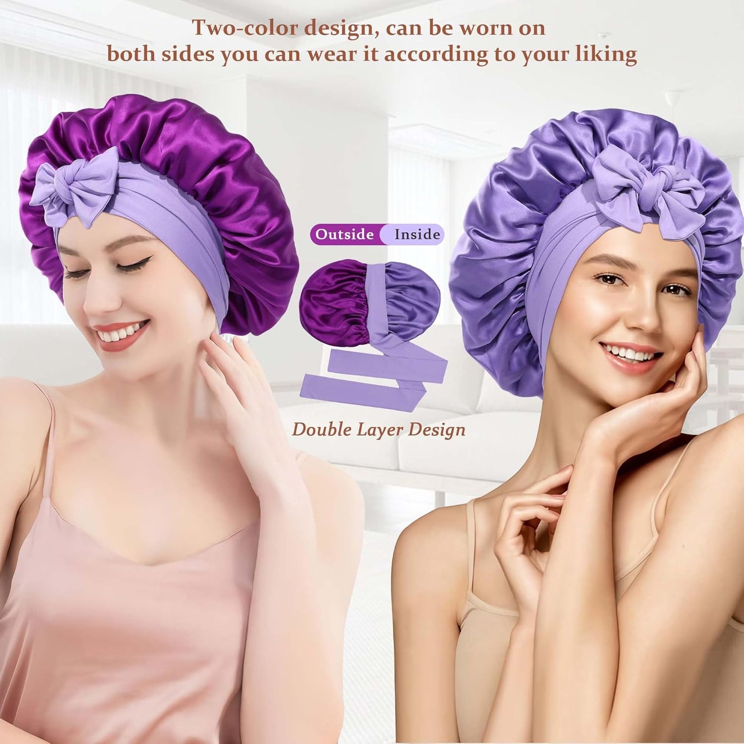 100% Mulberry Silk Bonnet for Sleeping Women Double Layer Silk Hair Bonnet Natural Silk Sleep Cap with Elastic Reversible Hair Wrap (Violet + Wisteria)