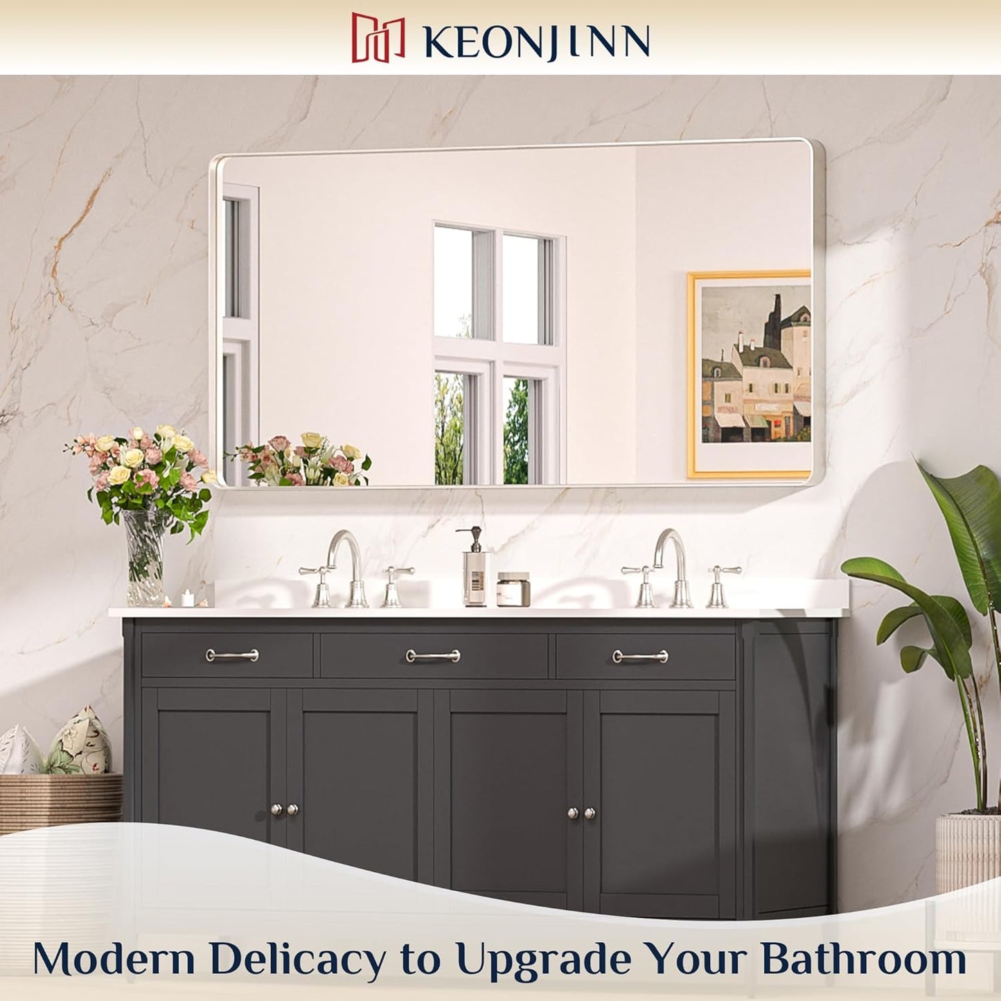 Keonjinn 55 x 30 Brushed Nickel Bathroom Vanity Mirror, Large Rounded Rectangle Bathroom Mirrors for over Sink, Metal Framed Silver Mirror for Wall, Shatterproof HD Tempered Glass(Horizontal/Vertical)