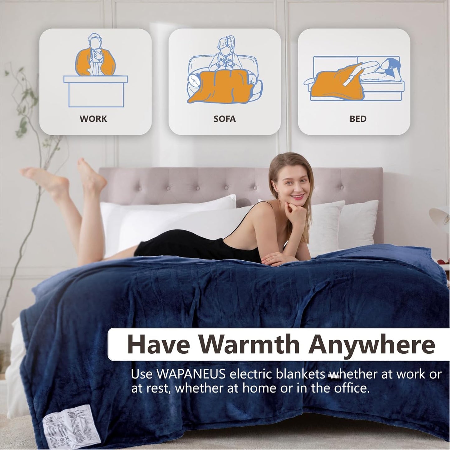 Wapaneus Heated Blanket Electric Queen Size 84"x90"-Dual Control with 10 Heat Levels 12 Timer Settings and 8 Hours Auto-Shut Off,Fast-Heating Electric Blanket,ETL Listed Machine Washable,Dark Blue