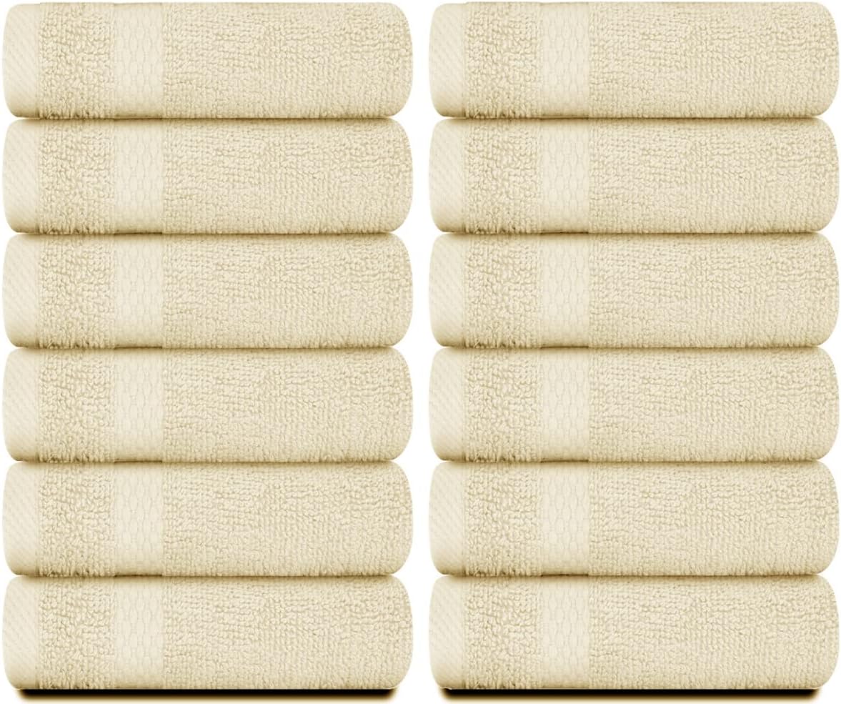 White Classic Luxury Cotton Washcloths 13x13 Inch - 650 GSM Turkish Cotton | Hotel, Spa, Bathroom Face Towel | 12 Pack, Beige