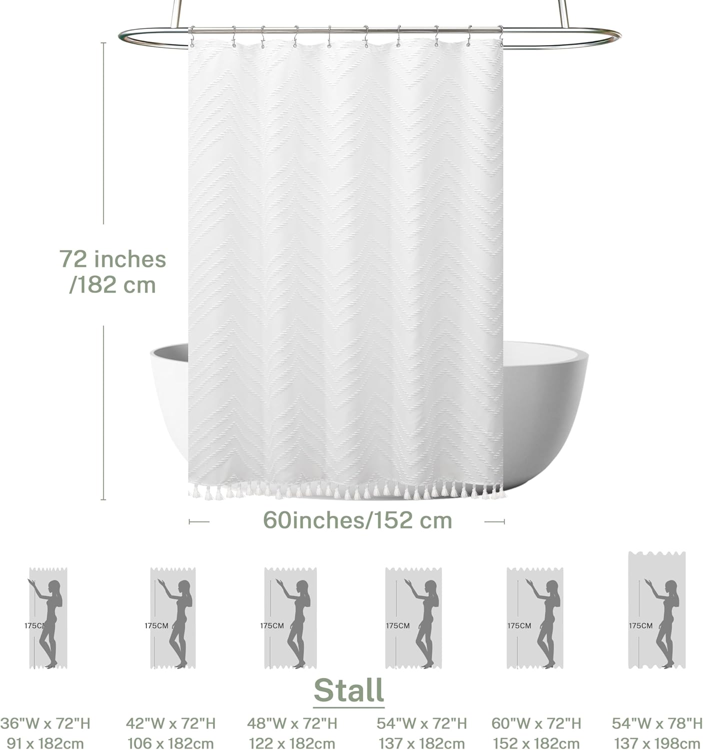 Boho Shower Curtain White Tassel Woven Fabric Shower Curtain 60 x 72 Modern Farmhouse Textured Tufted Chevron Striped Minimalist for Bathroom, Closet Door