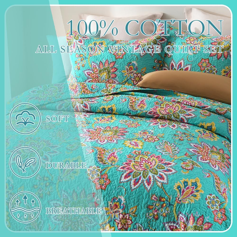 Cotton Bedspread Bedding Coverlet Quilt Sets, Reversible Vintage Branch Floral Bedspread comforters, (Vintage Turquoise Paisley Floral Pattern, Queen Size)