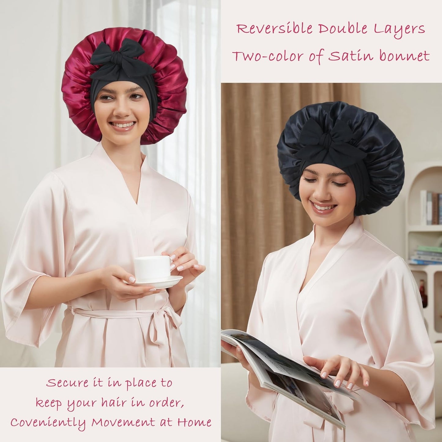 Satin Bonnet with Tie Band,Silk Hair Bonnet for Sleeping Women,Bonnets for Women,Double Layer Sleep Cap for Braids Curly Hair