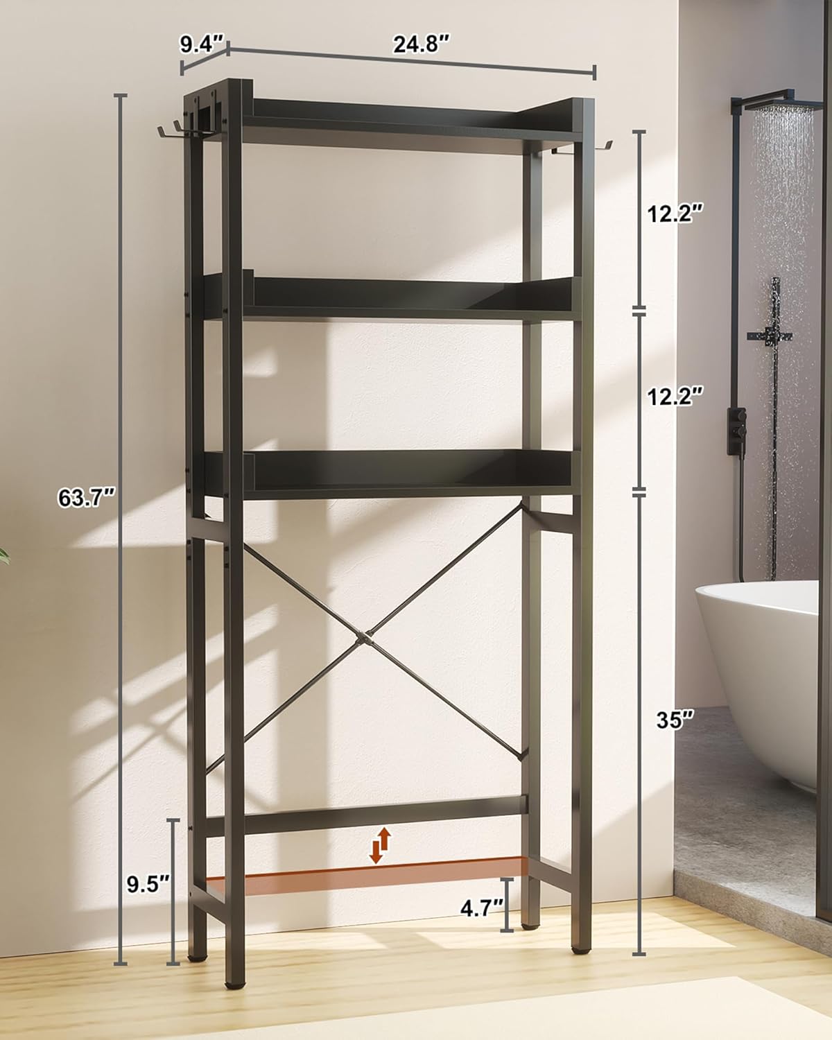 Ecoprsio Over-The-Toilet Storage Rack, 3-Tier Bathroom Organizer Shelf Over Toilet, Freestanding Space Saver Toilet Stands with 4 Hooks, Black