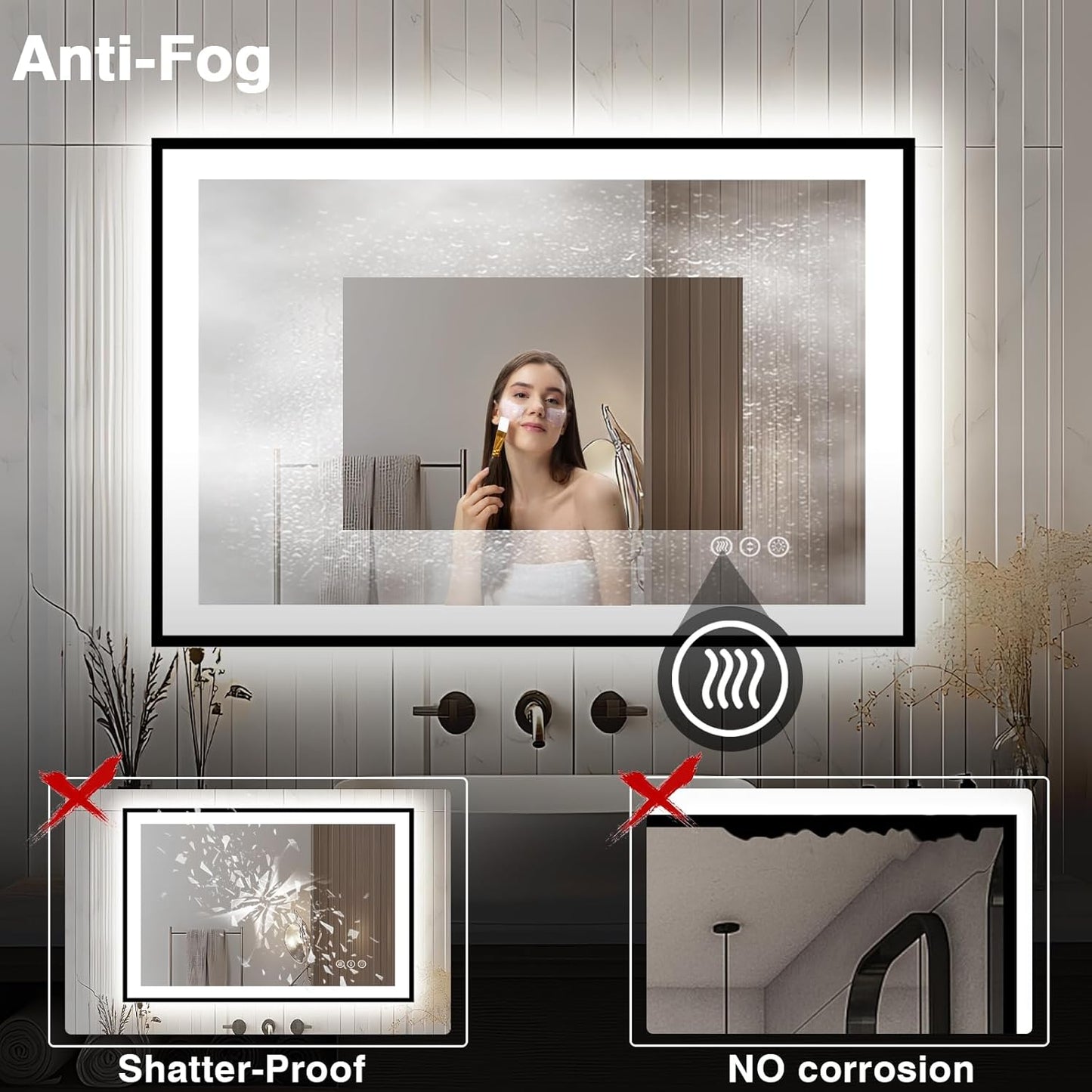 44x30 Bathroom Light up Mirror, Black Double Bright Lights, Anti-Fog Vanity Mirror with Lights, Stepless Dimmable Illuminated Mirror, Touch Control, Waterproof (Horizontal/Vertical)