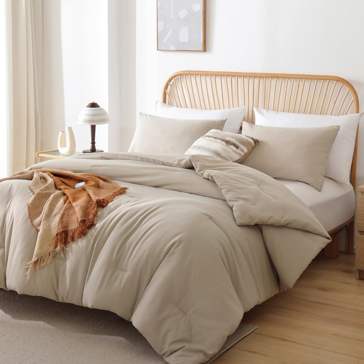 ROSGONIA Oversized King Comforter 128x120, 3pcs Super King Plus Comforter Set (1 Light Khaki Comforter & 2 Pillowcases) Lightweight Oversized King Bedding Set Quilt