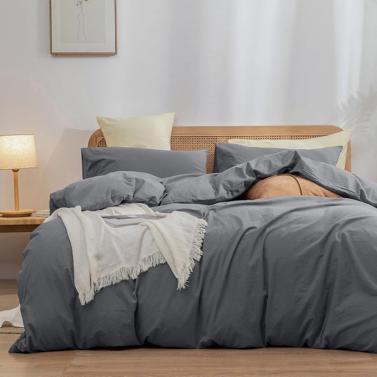 BESTOUCH Duvet Cover Set 100% Washed Cotton Linen Feel Super Soft Comfortable Chic Lightweight 3 PCs Home Bedding Set Solid Quiet Shade Grey Oversized Queen