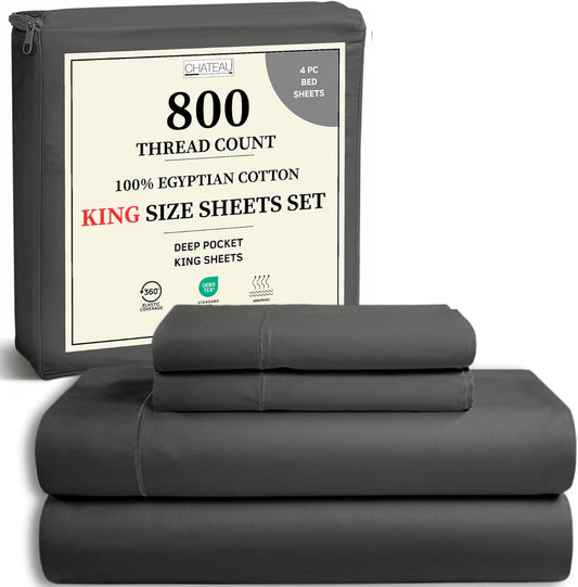 100% Cotton Sheets King Size Sheets Set with Fitted Sheet & Pillowcase Sets, 800 Thread Count Sateen Weave 4 piece Deep Pocket King Sheet Set, Soft & Comfy Naturally Cool Luxury Bedding- Charcoal