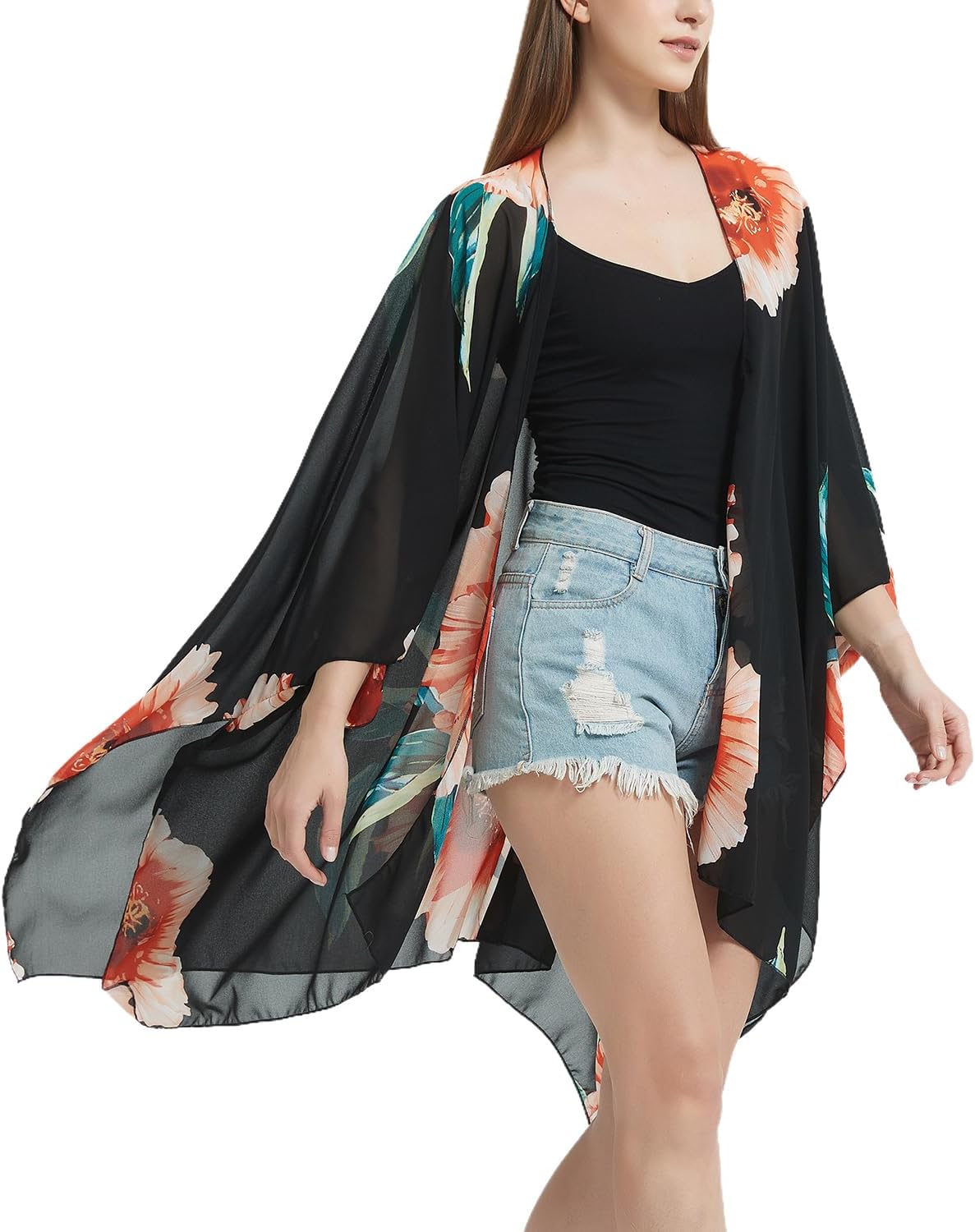 Women's Bohemian Floral Chiffon Beach Cover up Swimsuit Kimono Summer Swimwear Cardigans