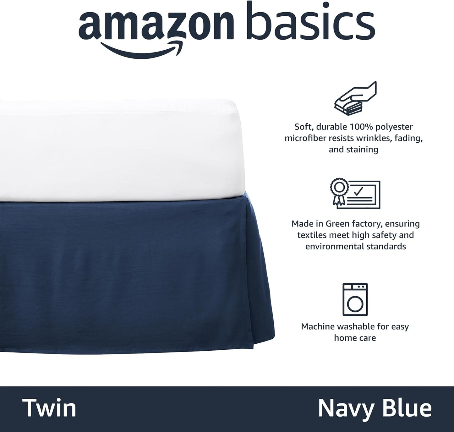 Amazon Basics Lightweight Pleated Bed Skirt, Twin, Navy Blue, Solid