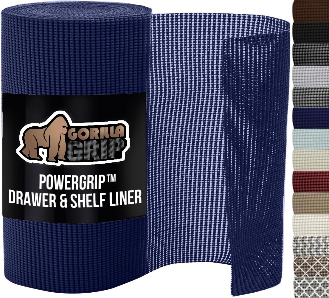 GORILLA GRIP powerGRIP Drawer Shelf and Cabinet Liner, Thick Strong Hold, Non-Adhesive Liners Protect Kitchen Cabinets and Cupboard, Bathroom Drawers, Easy Install, Breathable Mat, 12" x20', Navy Blue