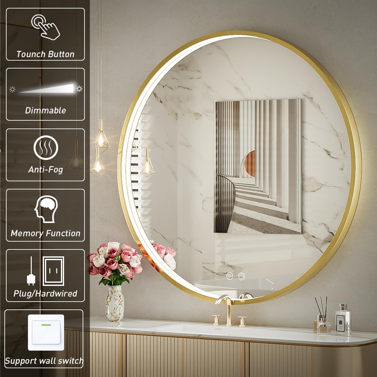 32" Round LED Bathroom Mirror, Dimmable Anti-Fog Vanity Mirror with Touch Control, 6000K Natural Light, Gold Metal Frame, Wall Mounted for Makeup Shaving (IP54, 90+ CRI)