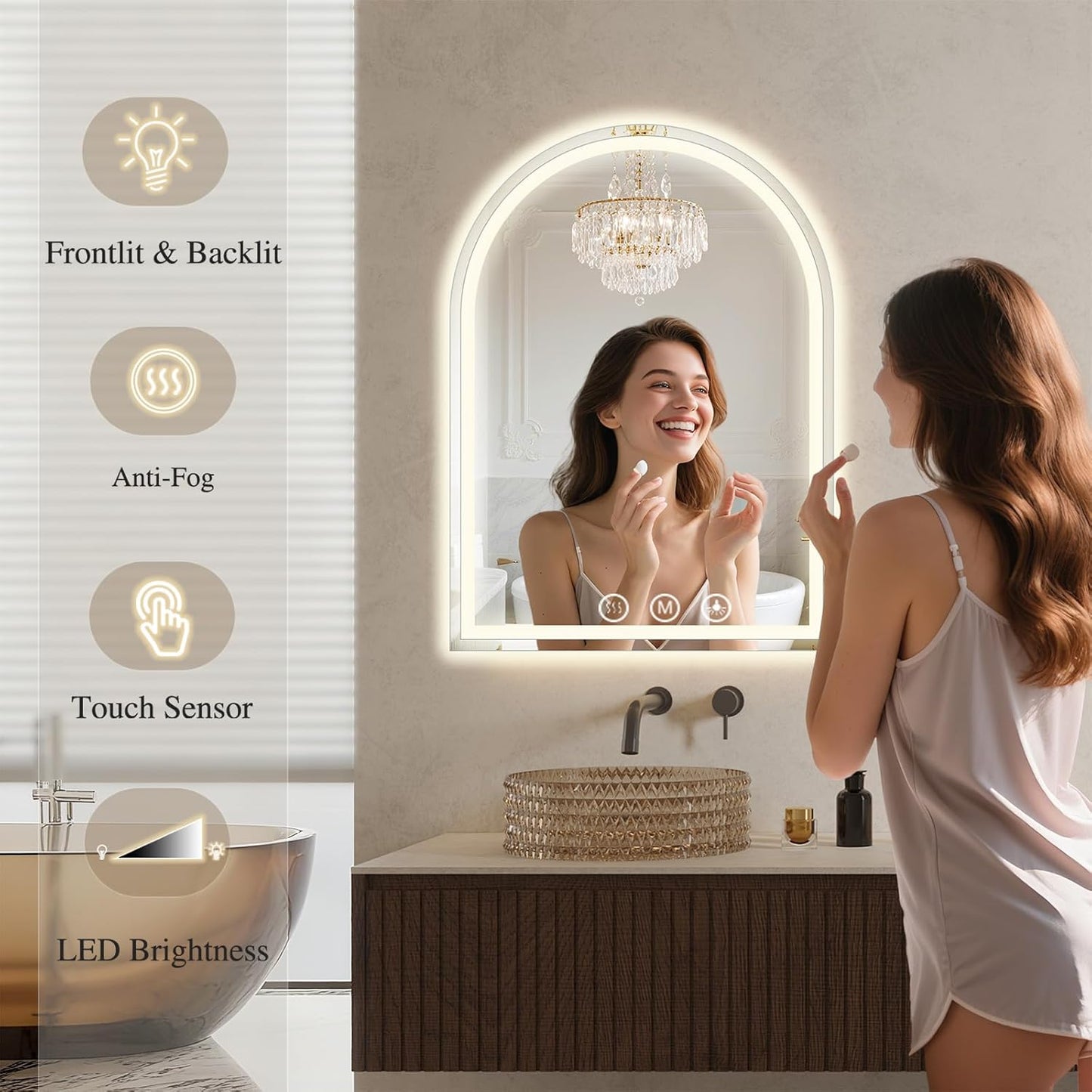 LED Bathroom Mirrors with Lights 30"x34" Arched Mirror for Wall,Led Vanity Mirror, Anti-Fog,LED Mirrors with Front Light and Backlit, Anti-Fog, Dimmable, 3 Color, Shatterproof, Touch Sensor