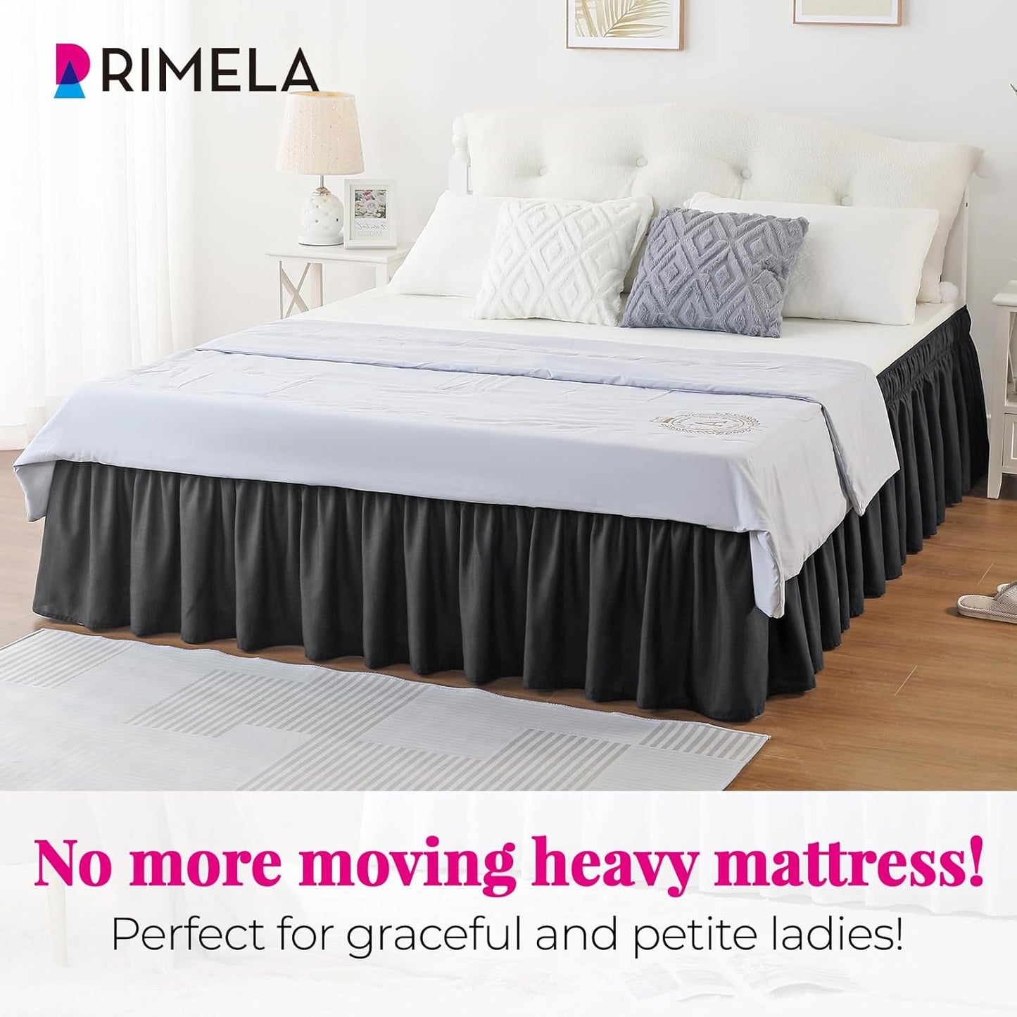 RIMELA Bed Skirt Wrap Around Elastic Dust Ruffles Solid Color Wrinkle and Fade Resistant with Adjustable Elastic Belt Easy to Install Black for Queen Size 18 Inch Drop