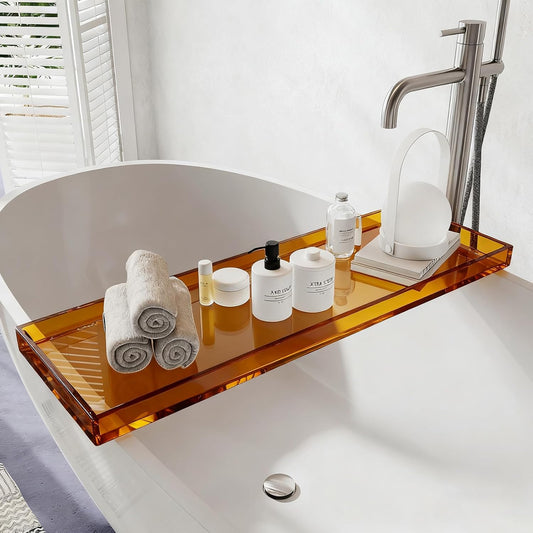 Bathtub Tray Table, Clear Acrylic, Anti-Slip Bath Caddy, (Amber, L29.9 x W7.87 x H1.18)