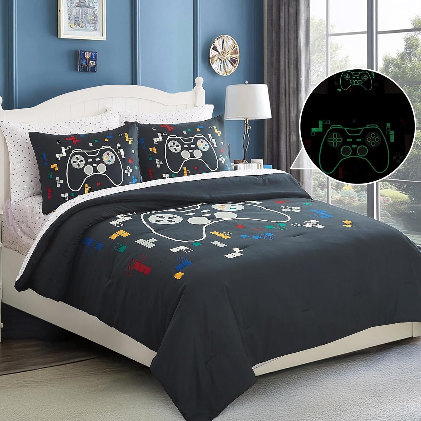 Full Size Comforter Set for Boys-7 Pieces Gamer Glow in The Dark Full Bedding Sets for Kids, Ultra Soft Bed in A Bag with Sheets