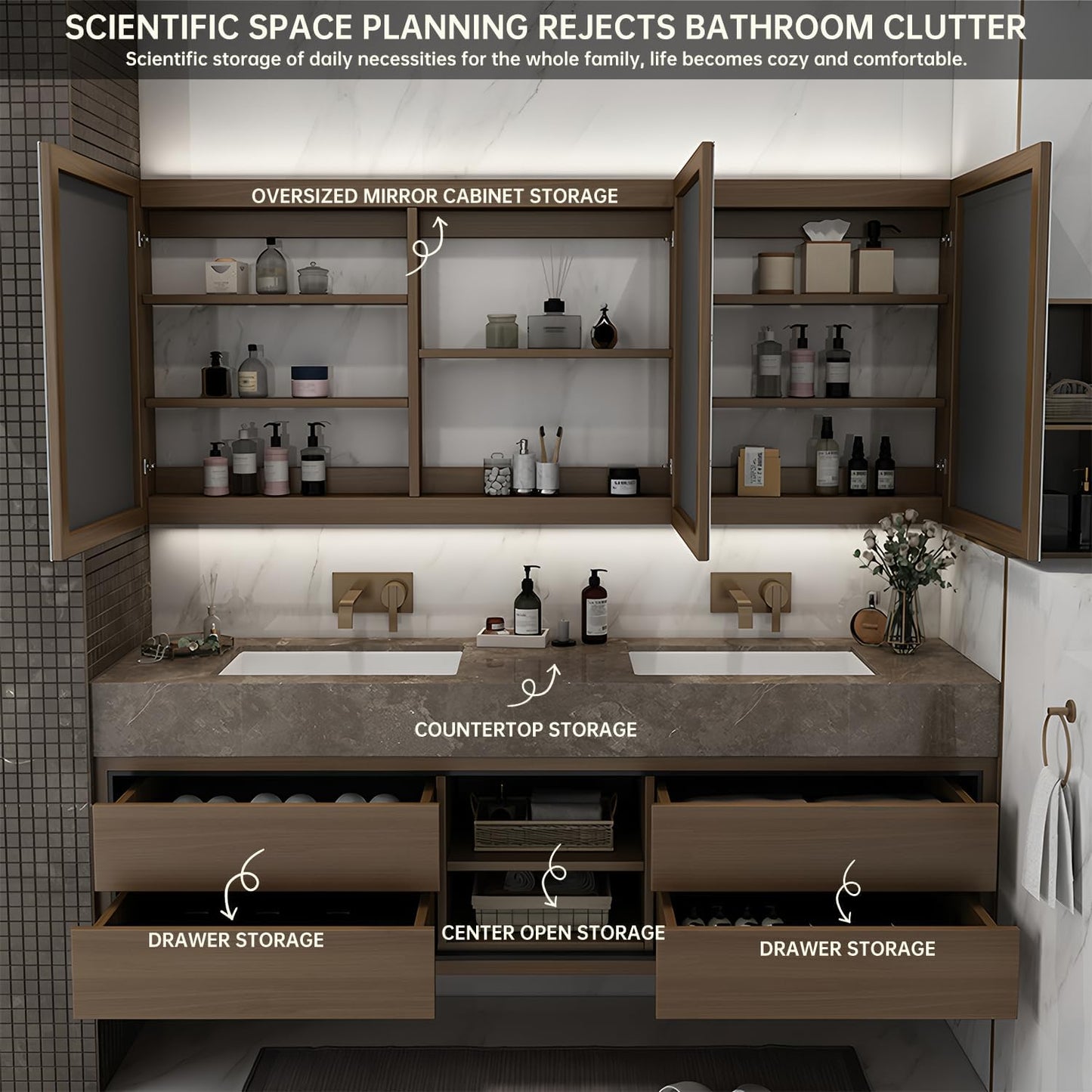 68IN Double Sink Bathroom Vanity, Floating Modern Bathroom Vanity Include Smart Defog Mirror Cabinet with LED Light, Solid Wood Vanities with Integrated Sink and Drawers Storage