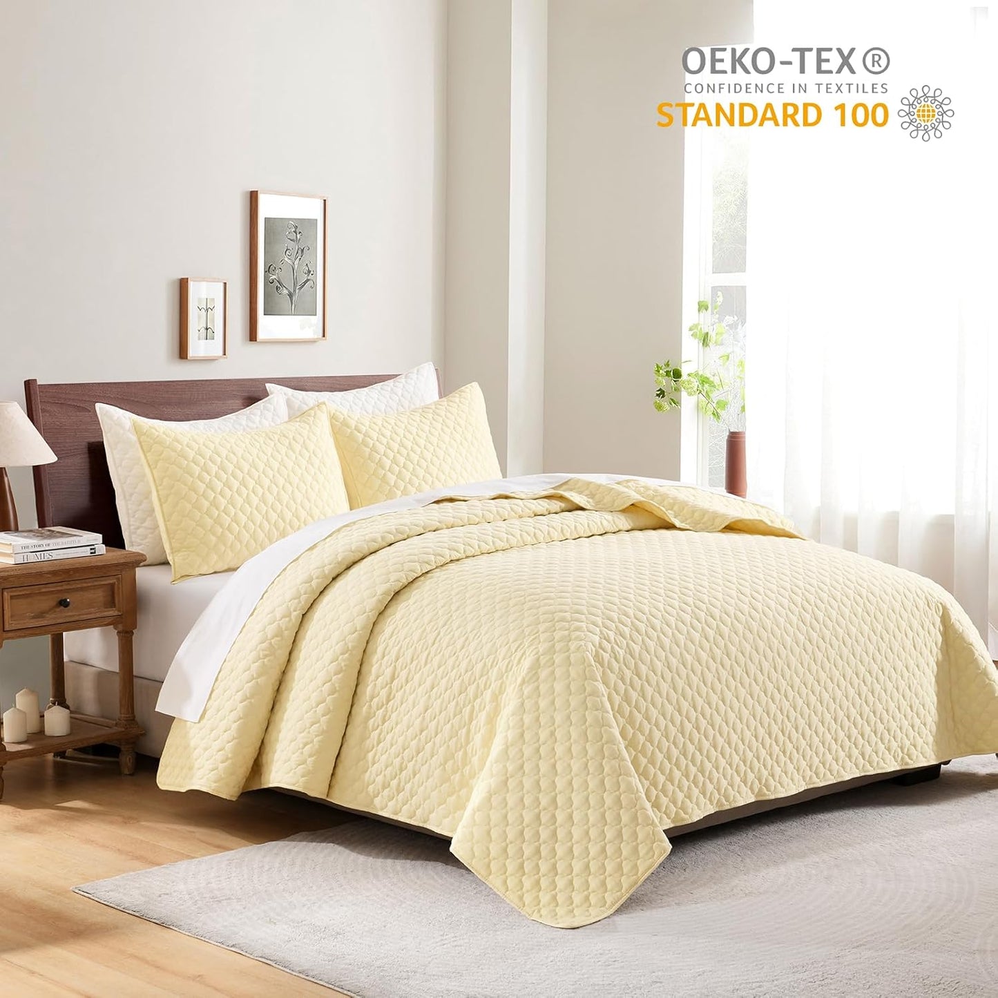 HORIMOTE HOME Quilt Queen Size Light Yellow, Lightweight Quilt for Summer Ultra-Soft Microfiber Modern Style Quilted Clouds Pattern Bedspread Quit Set 3 Pieces(1 Quilt and 2 Pillow Shams)