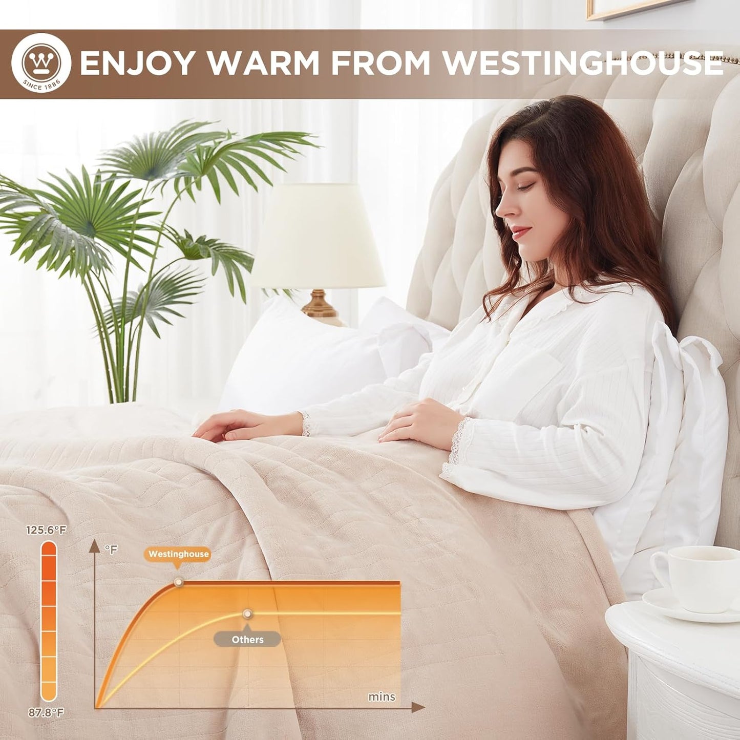 Westinghouse Heated Blanket, Electric Throw Blanket with 10 Heating Levels, 12 Hours Auto Off, Overheat Protection, Machine Washable, Flannel (Twin, 62x84 Inches, Beige)