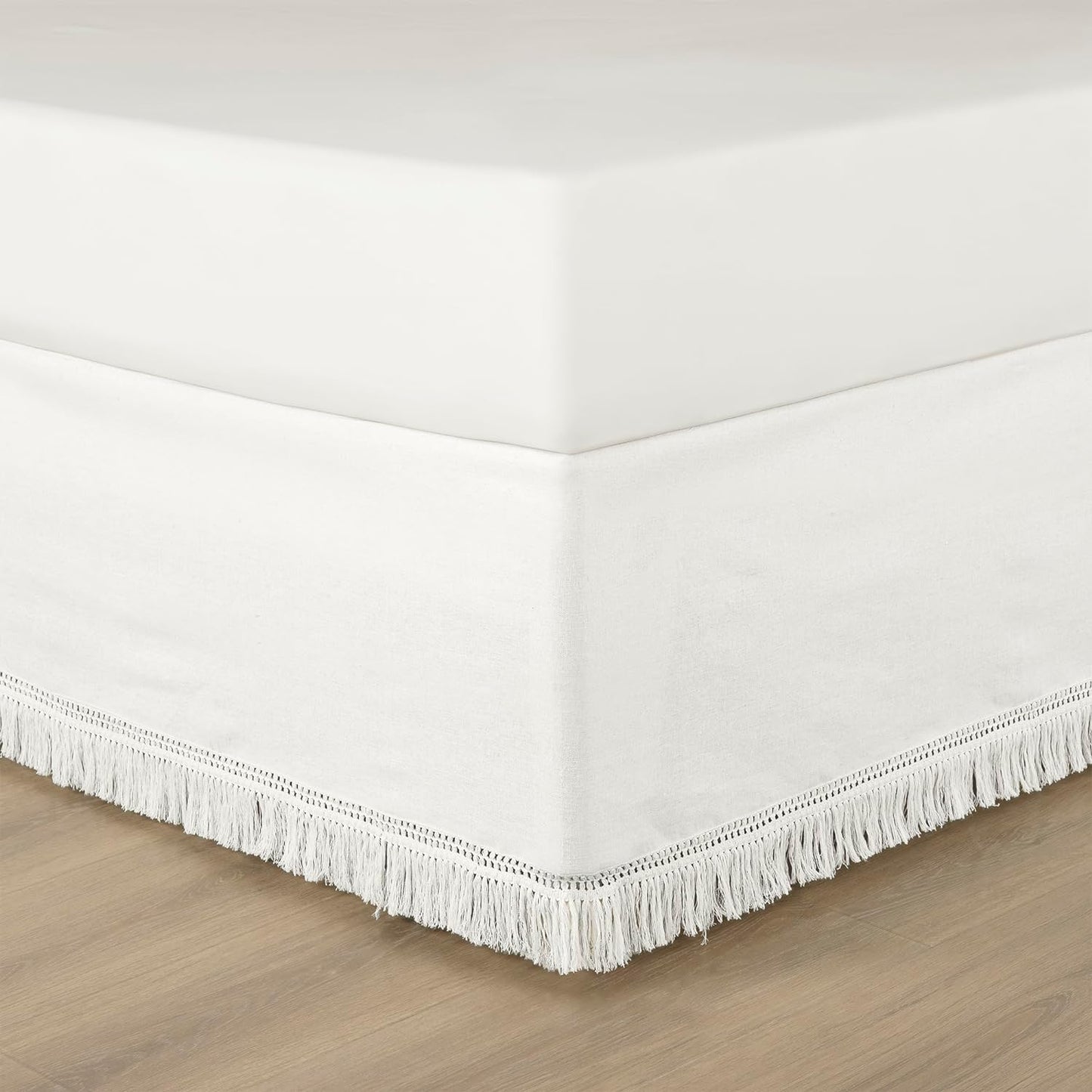Lush Decor Boho Fringe 15-Inch Tailored Drop Easy Fit Bedskirt, Queen, Pure White