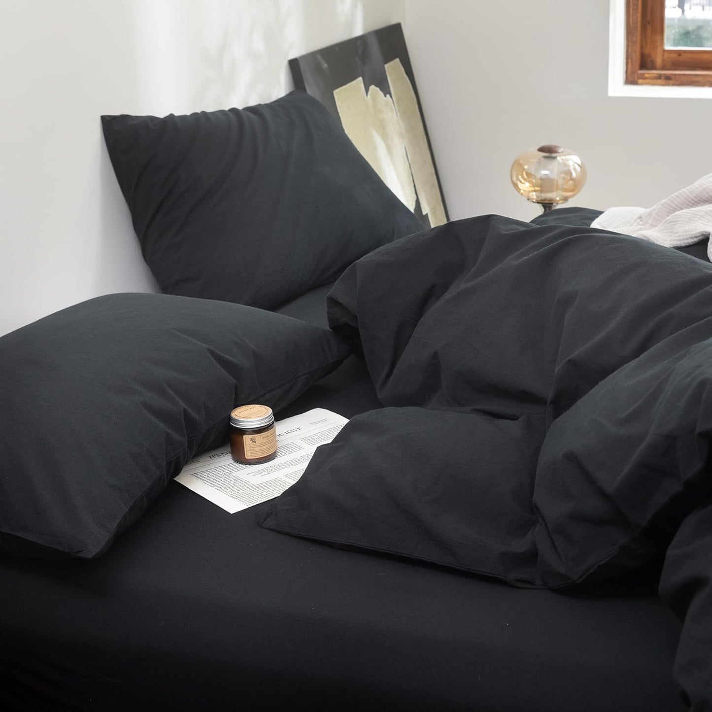 FOSSA Duvet Cover Set 100% Washed Cotton Linen Feel Super Soft Breathable Cozy 3 Pieces Bedding Sets Solid Black Queen