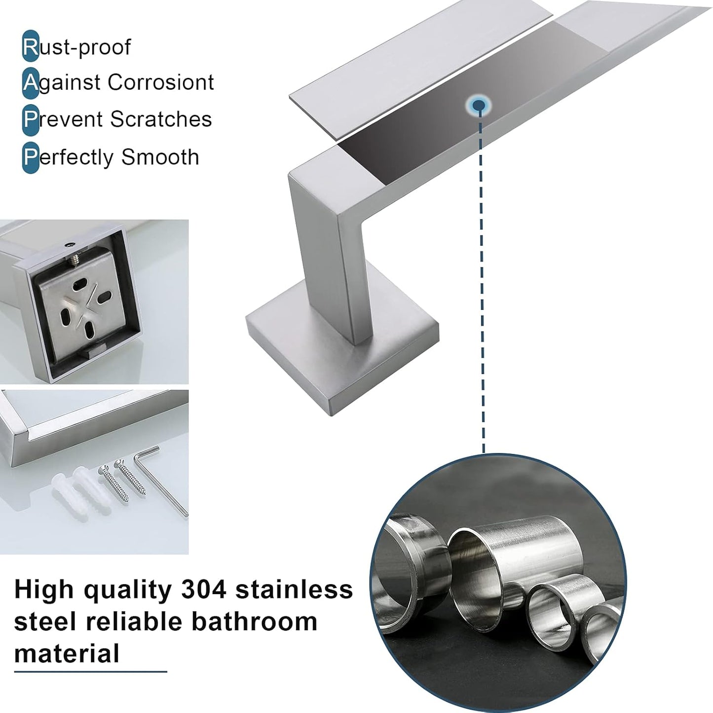 Brushed 4-Piece Bathroom Hardware Set Premium Stainless Steel Bath Towel Bar Sets Wall Mounted Square Bathroom Accessories Kit, 23.6 Inch Brushed Nickel