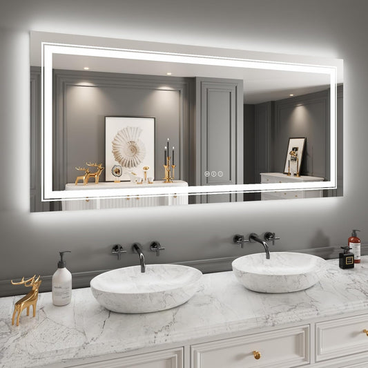28x60 LED Bathroom Mirror with Front and Backlight, Dimmable Lighted Bathroom Vanity Mirror with Anti-Fog, Memory Function,Tempered Glass(Horizontal/Vertical)