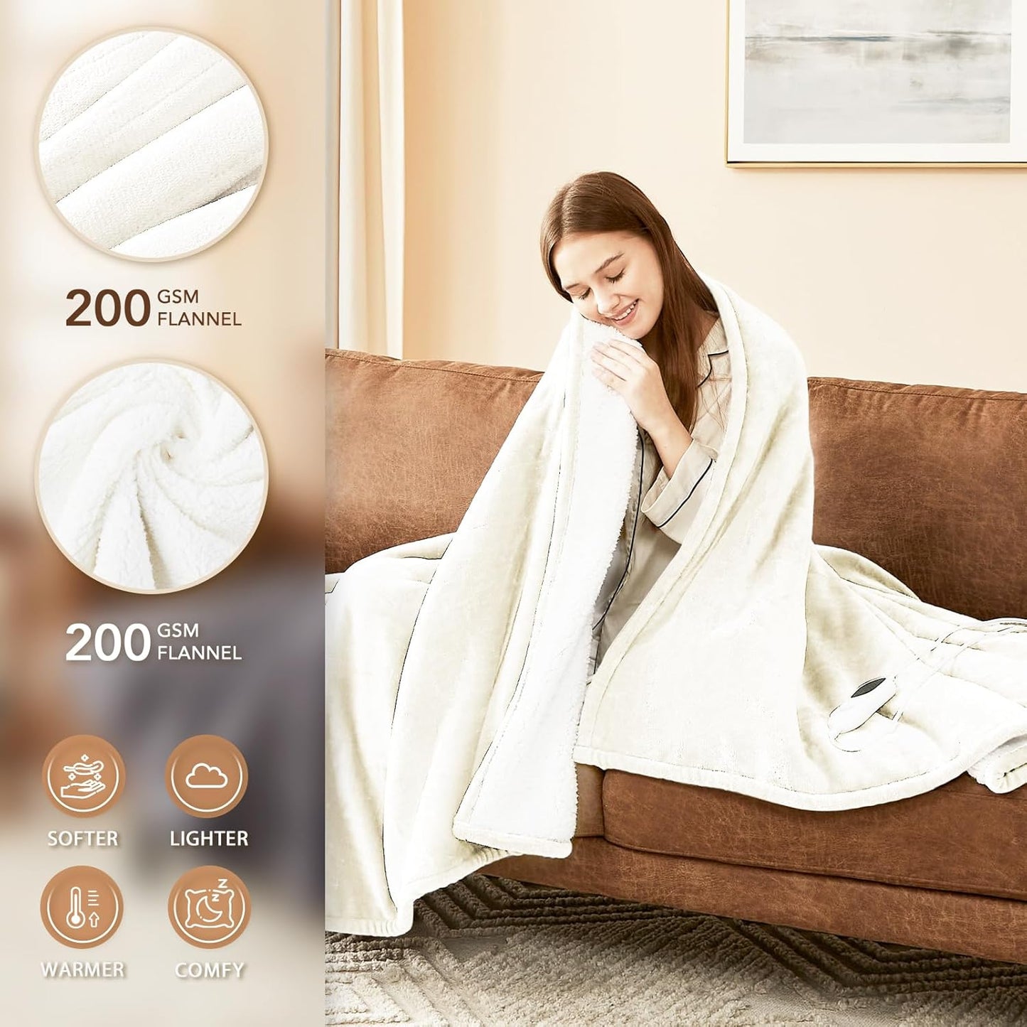 Homemate Electric Heated Blanket Queen Size - 84"x90" Heating Blanket Queen Size Dual Control 1/2/4/6/8 Hours Auto-Off 10 Heat Level Over-Heat Protection Flannel Sherpa ETL Certification