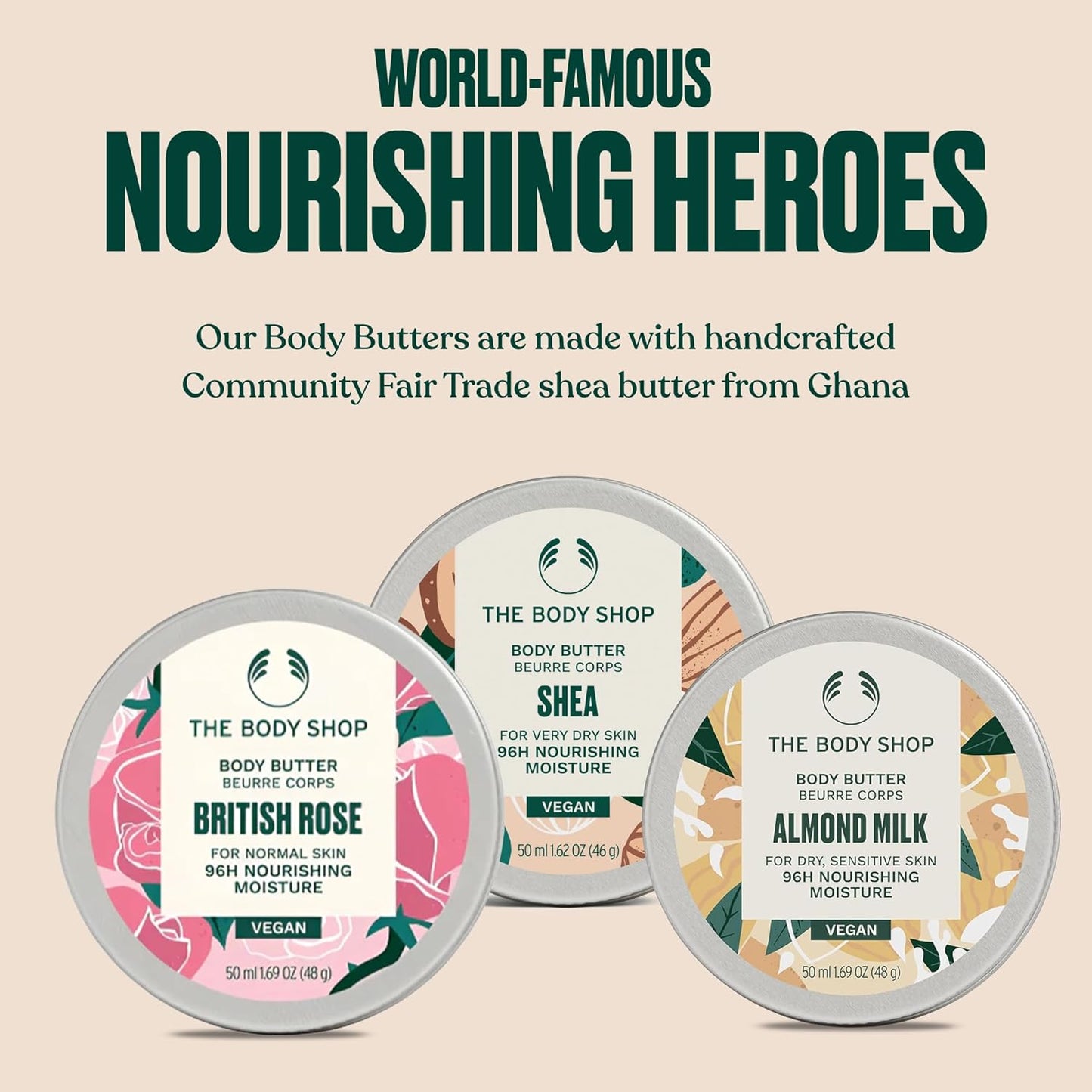 The Body Shop Body Butter Trio - 3 Piece Set, Shea, Almond Milk, British Rose Body Butter, Travel Sizes, Vegan