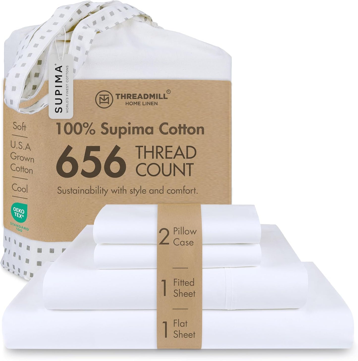 Threadmill Supima Cotton Sheets Queen | 656 Thread Count Queen Sheets for Queen Mattress | 4 Piece Luxury Bed Sheet | Sateen Weave Hotel Quality Sheet with Elasticized Deep Pocket| White Sheet