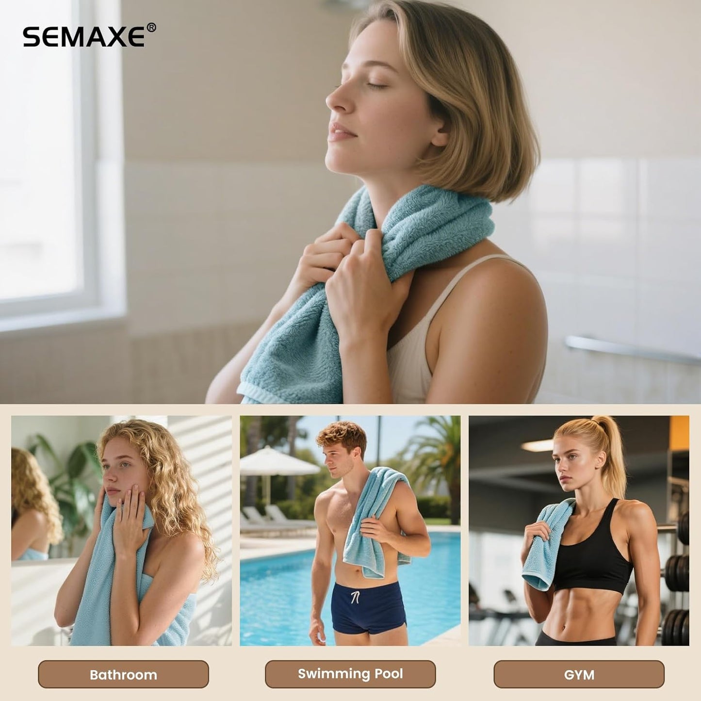 SEMAXE Bathroom Hand Towel, 100% Cotton Towels with Hanging Loops, Hotel Spa Quality Highly Absorbent Towel Set of 4, 27" L x 16" W, Blue Hand Towel, Gift Box Packaging