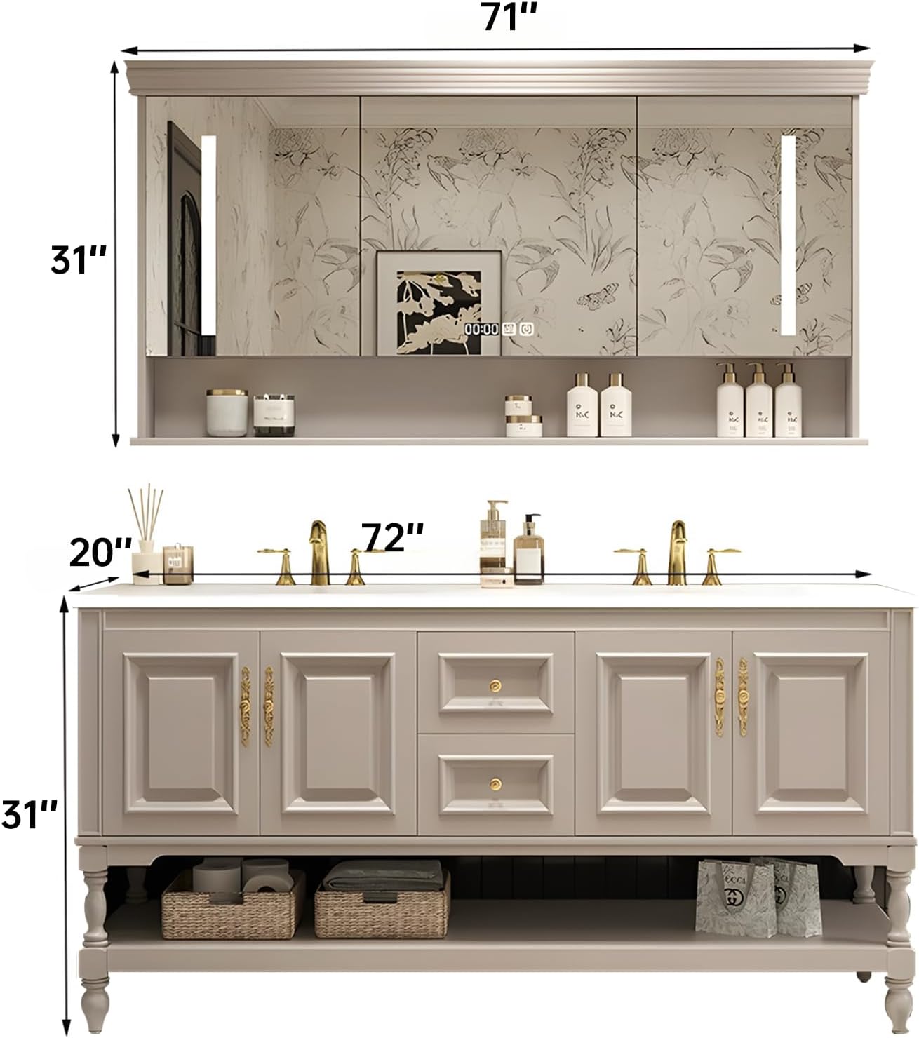 72" Double Bathroom Vanity with Sink,Freestanding Bathroom Vanity Large Storage Cabinet & Open Mirror Cabinet,4 Soft Closing Doors and 2 Drawers Solid Wood Luxury Bathroom Vanities Set,White