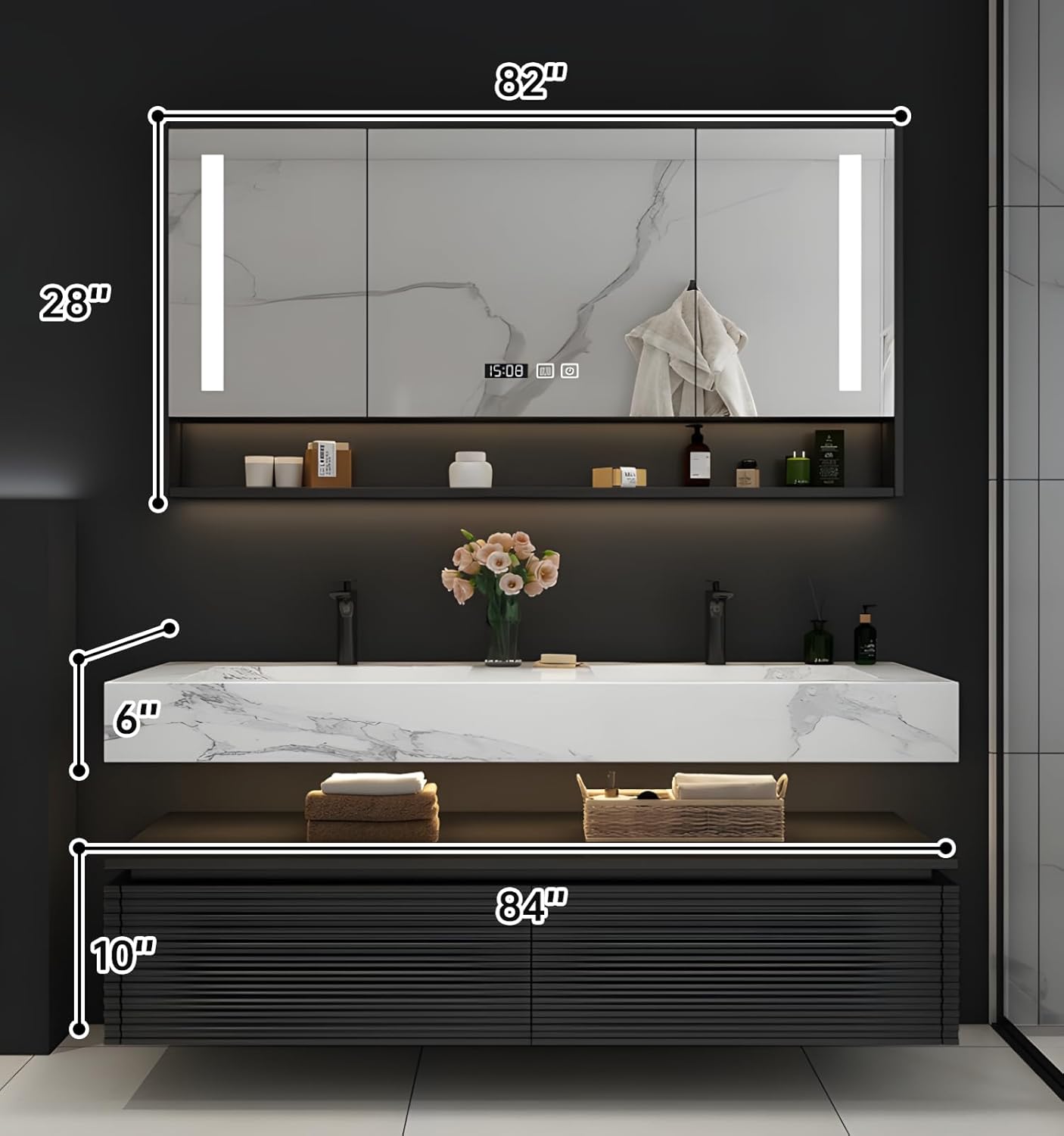 84IN Bathroom Vanity with Double Sink, Modern Bathroom Vanity with LED Smart Defogging Mirror Cabinet and Open Shelf, Floating Bathroom Cabinet with Striped Double Drawers, Oak Material (Black)